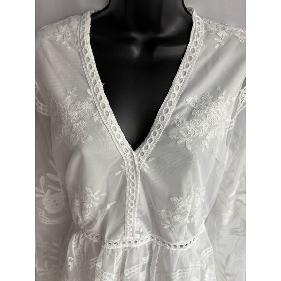 BOHO Beach Hut NWT Maxi White Embroidered Dress Lace Crochet Long Bohemian M - Picture 4 of 12